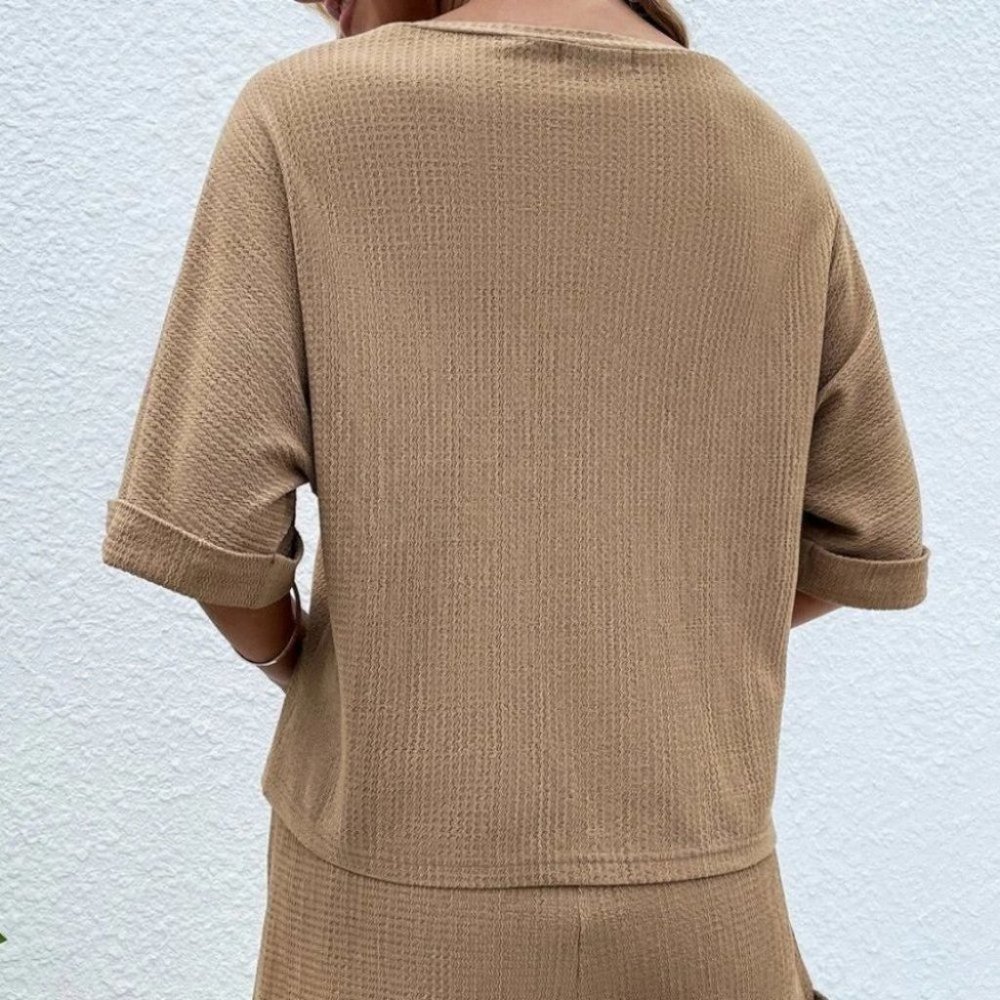 Khaki Casual comfy Batwing Sleeve Tee & Knot Front Shorts - Picture 5 of 8